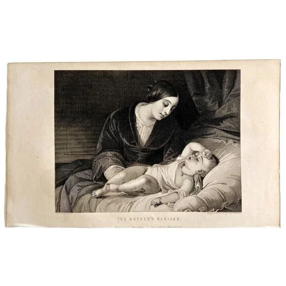 The Mothers Darling Sleeping Infant Steel Engraving 1859 Victorian Art DWY5C